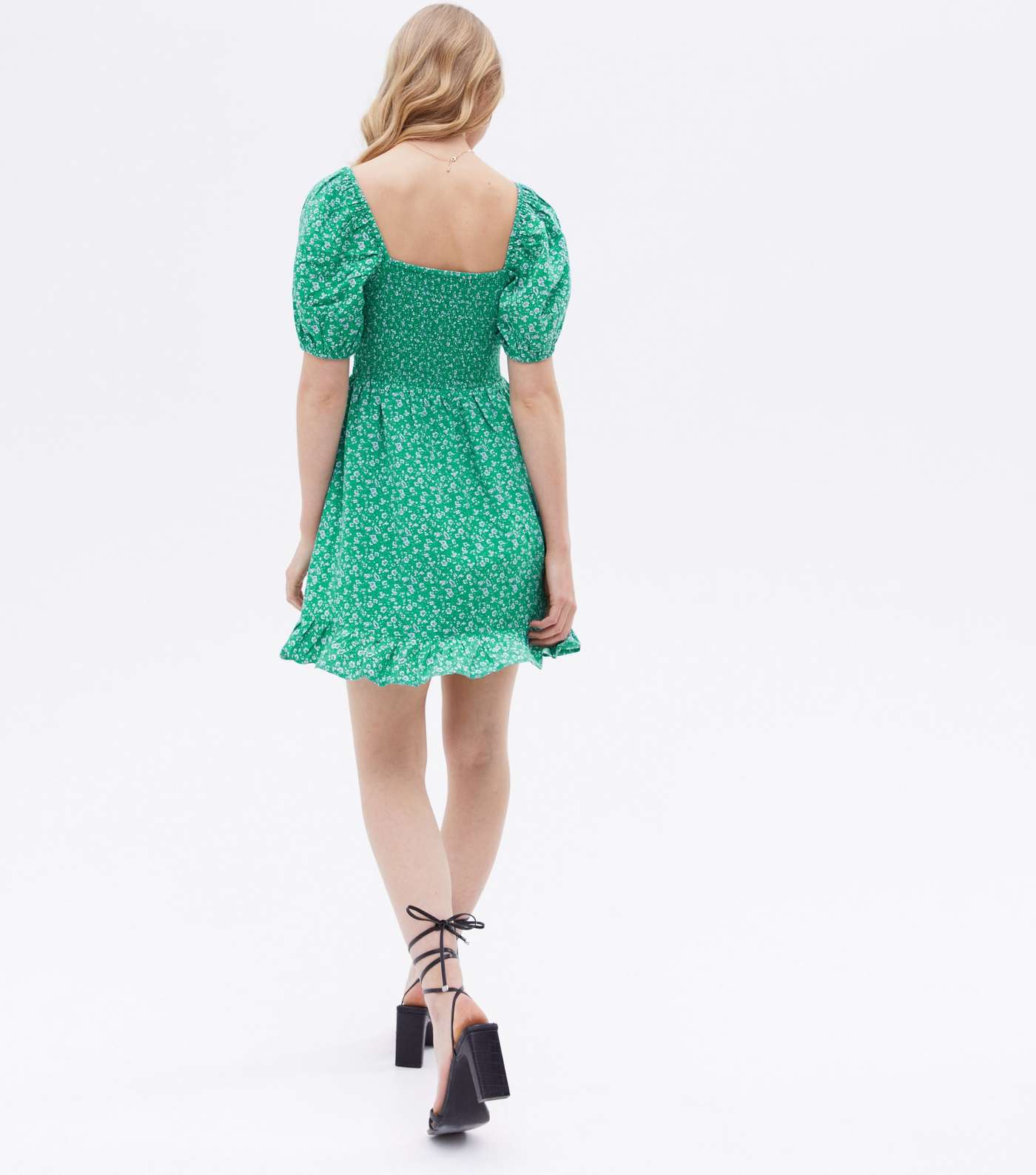 Green Floral Shirred Frill Mini Dress Image 4