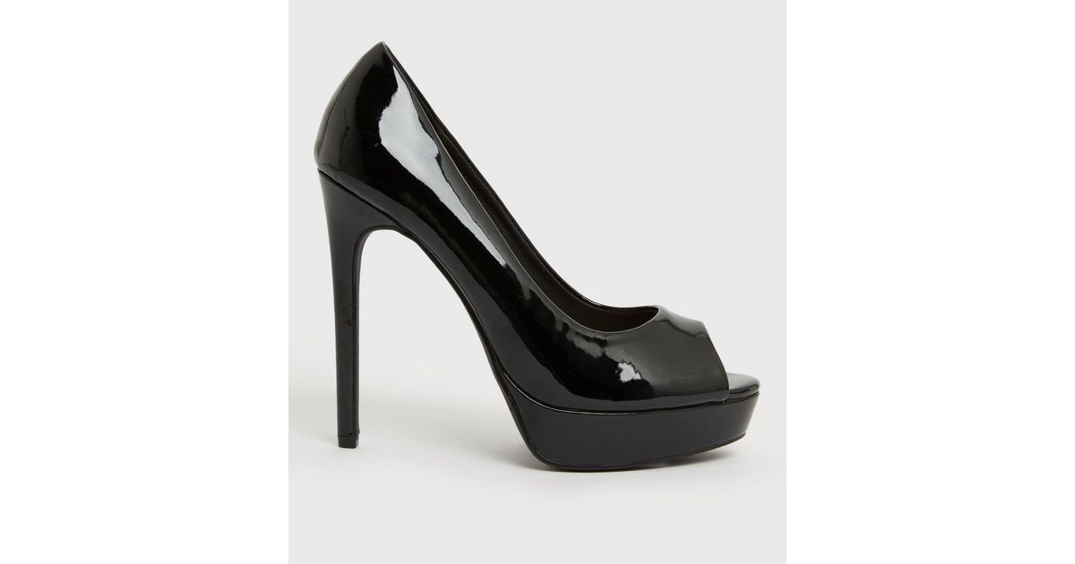 Black Patent Stiletto Heel Platform Court Shoes | New Look