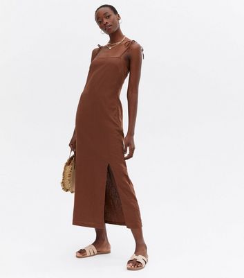 Tall Brown Linen Blend Tie Strap Midi Dress New Look