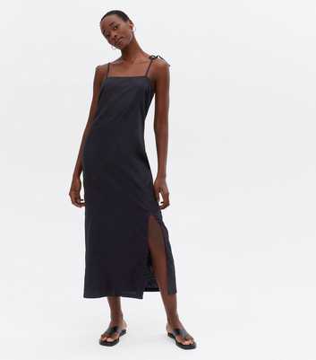 Tall Black Linen Blend Tie Strap Midi Dress