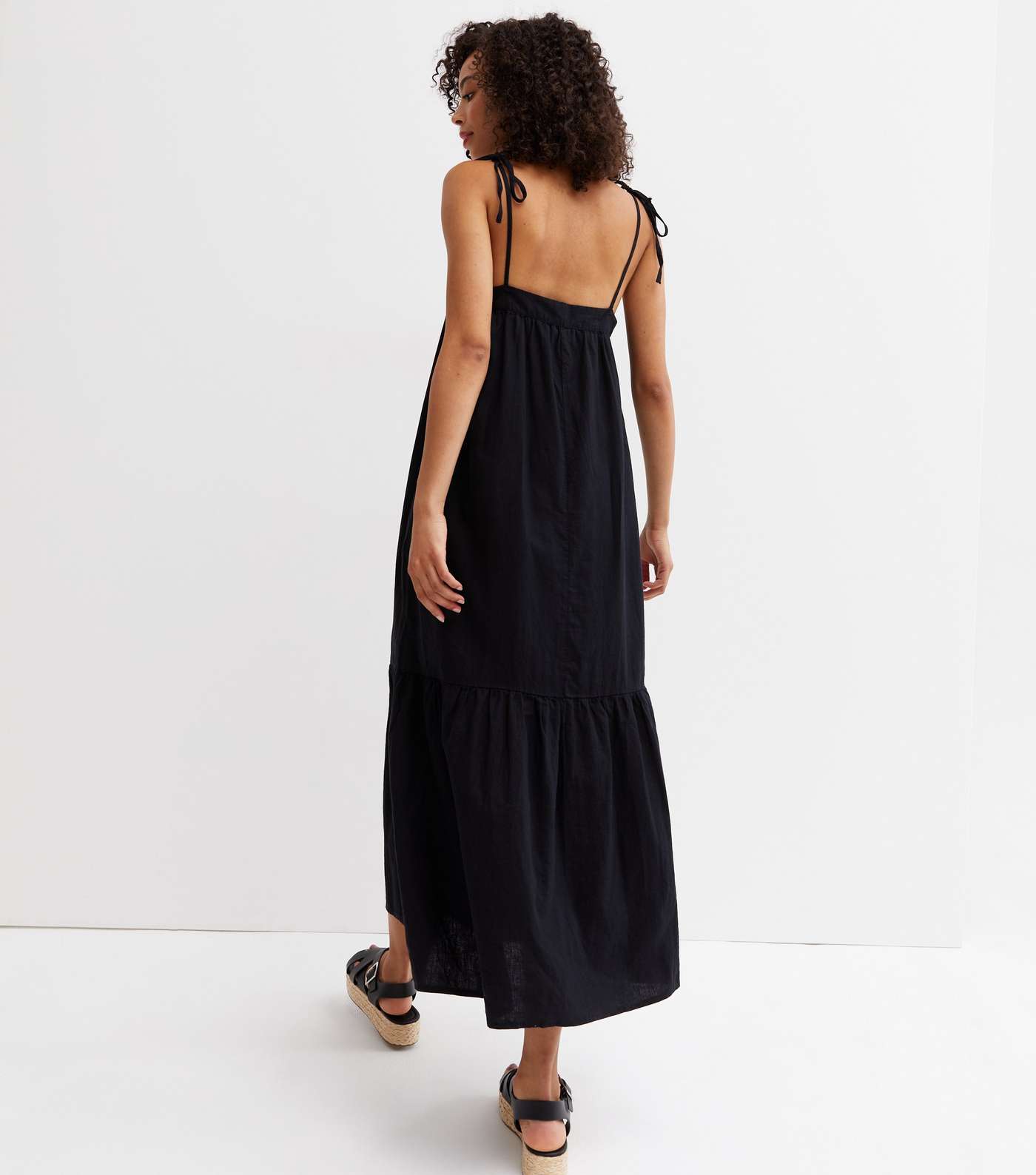 Tall Black Linen Blend Tie Strap Midi Smock Dress Image 4