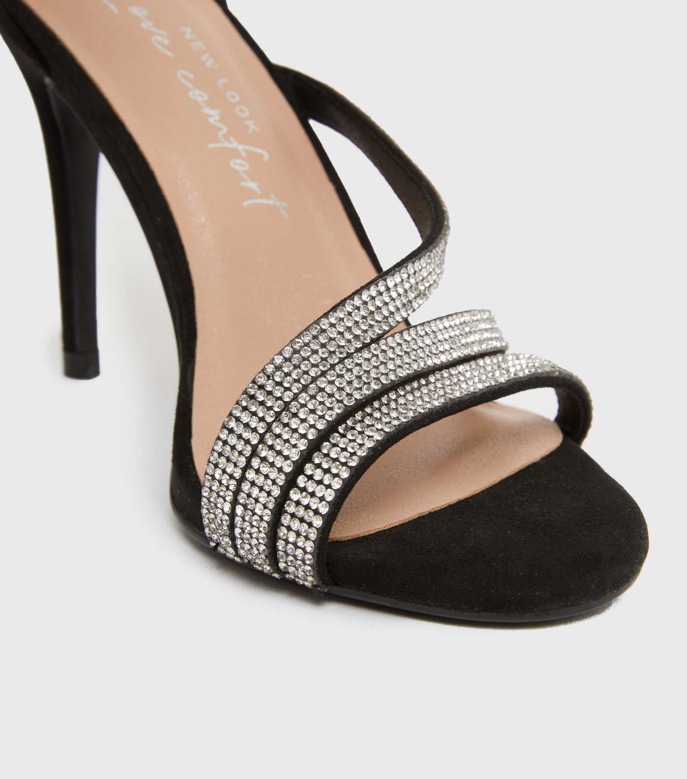 Black Suedette Diamanté Strap Stiletto Heel Sandals Image 4