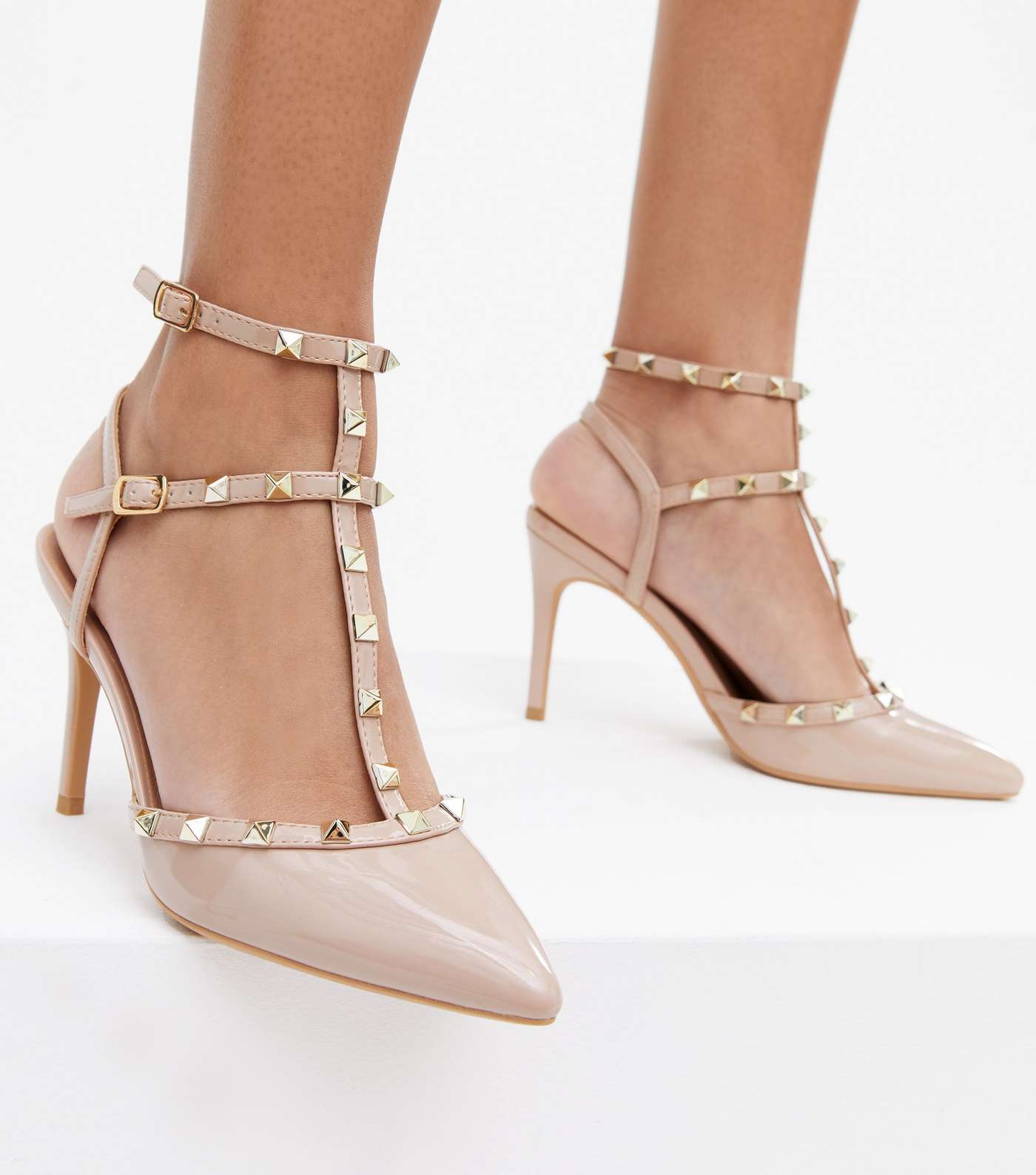 Pale Pink Patent Studded Caged Stiletto Heel Court Shoes Image 2