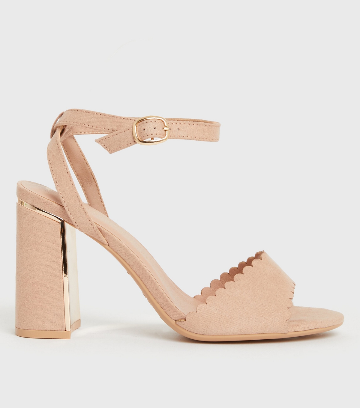 Women's Pale Pink Suedette Scallop Block Heel Sandals Vegan New Look