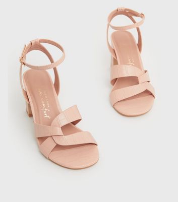 Wide Fit Pale Pink Faux Croc Cross Block Heel Sandals New Look