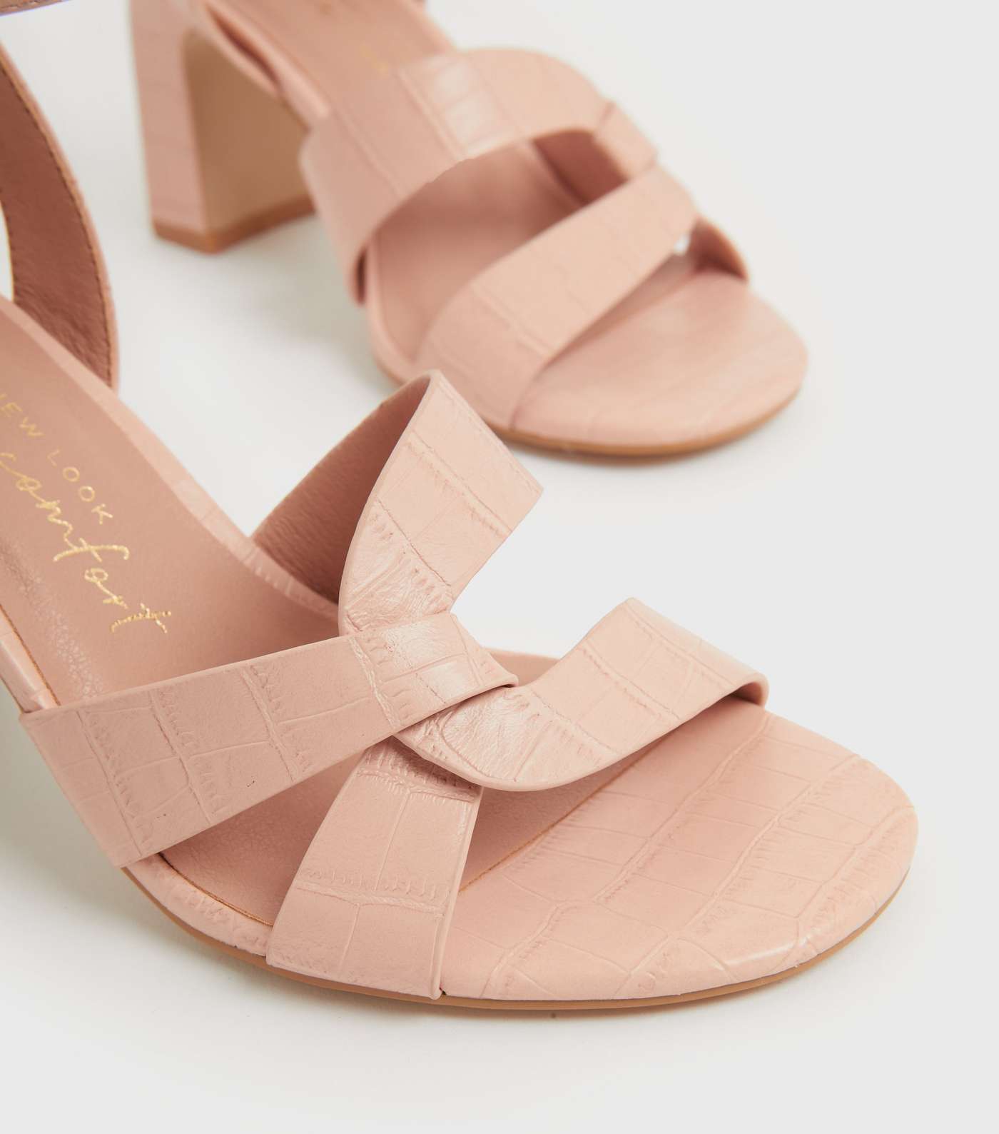 Wide Fit Pale Pink Faux Croc Cross Block Heel Sandals Image 4