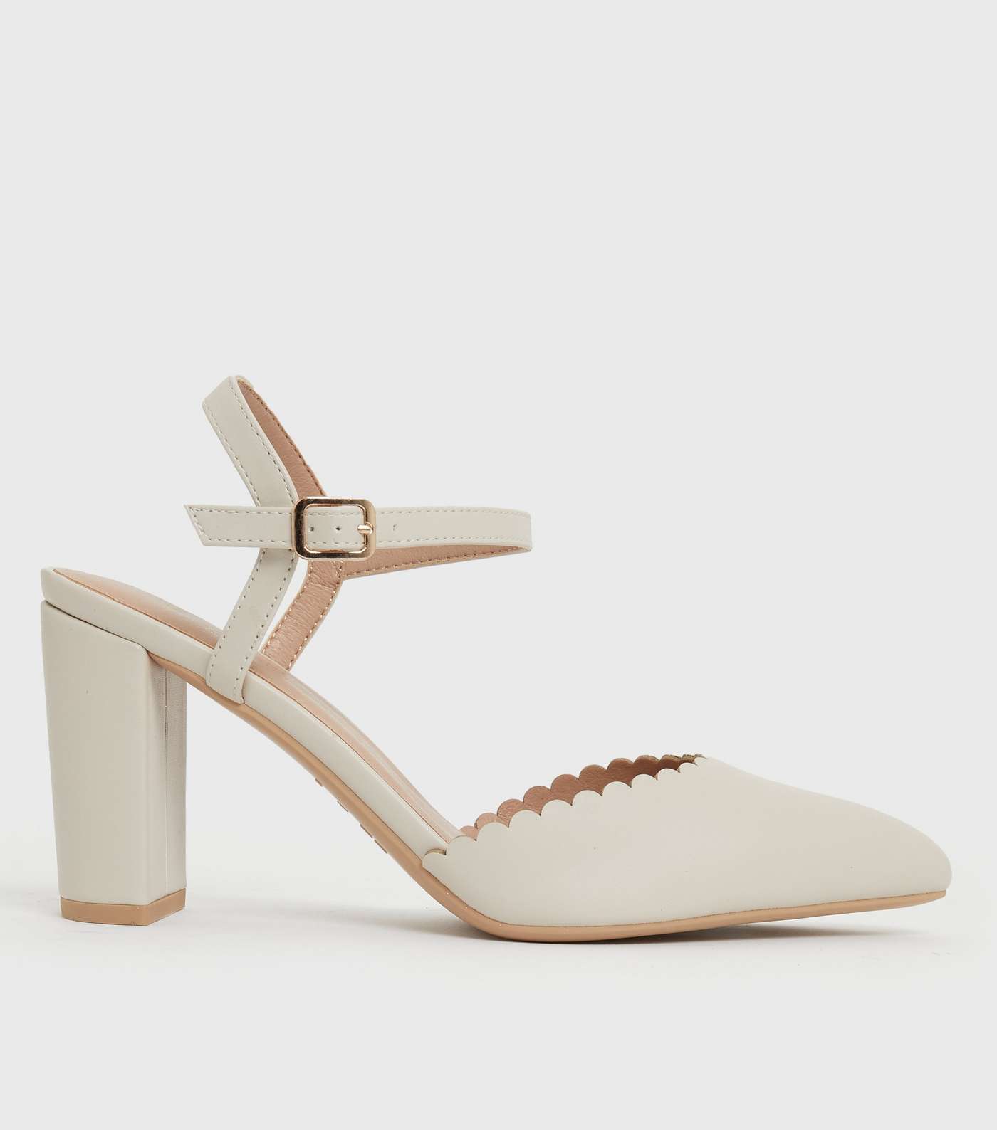 Wide Fit Off White Leather-Look Scallop 2 Part Block Heel Sandals