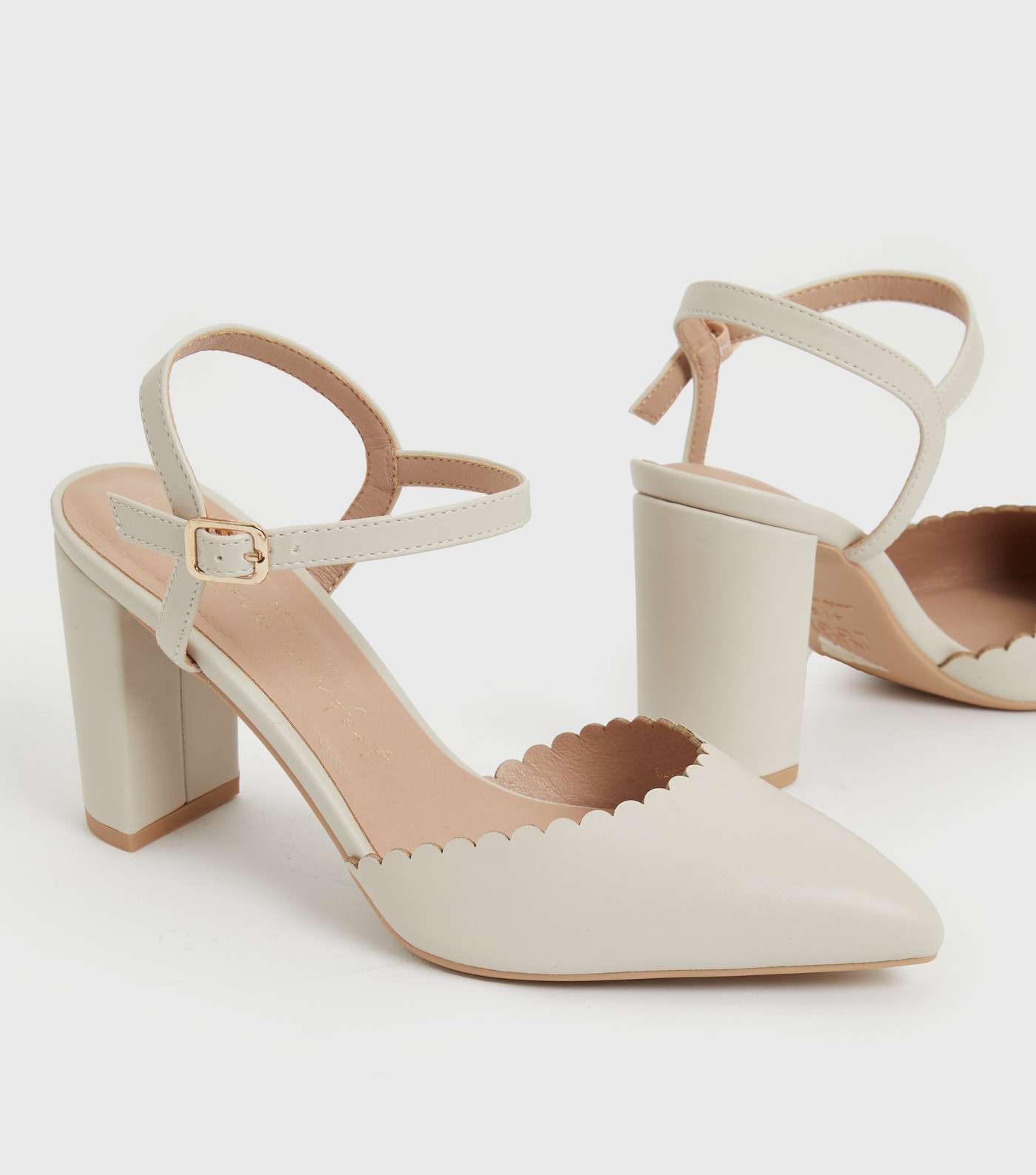 Wide Fit Off White Leather-Look Scallop 2 Part Block Heel Sandals Image 3