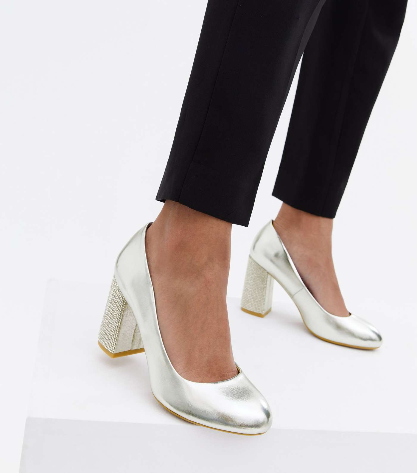 Wide Fit Silver Diamanté Block Heel Court Shoes Image 2