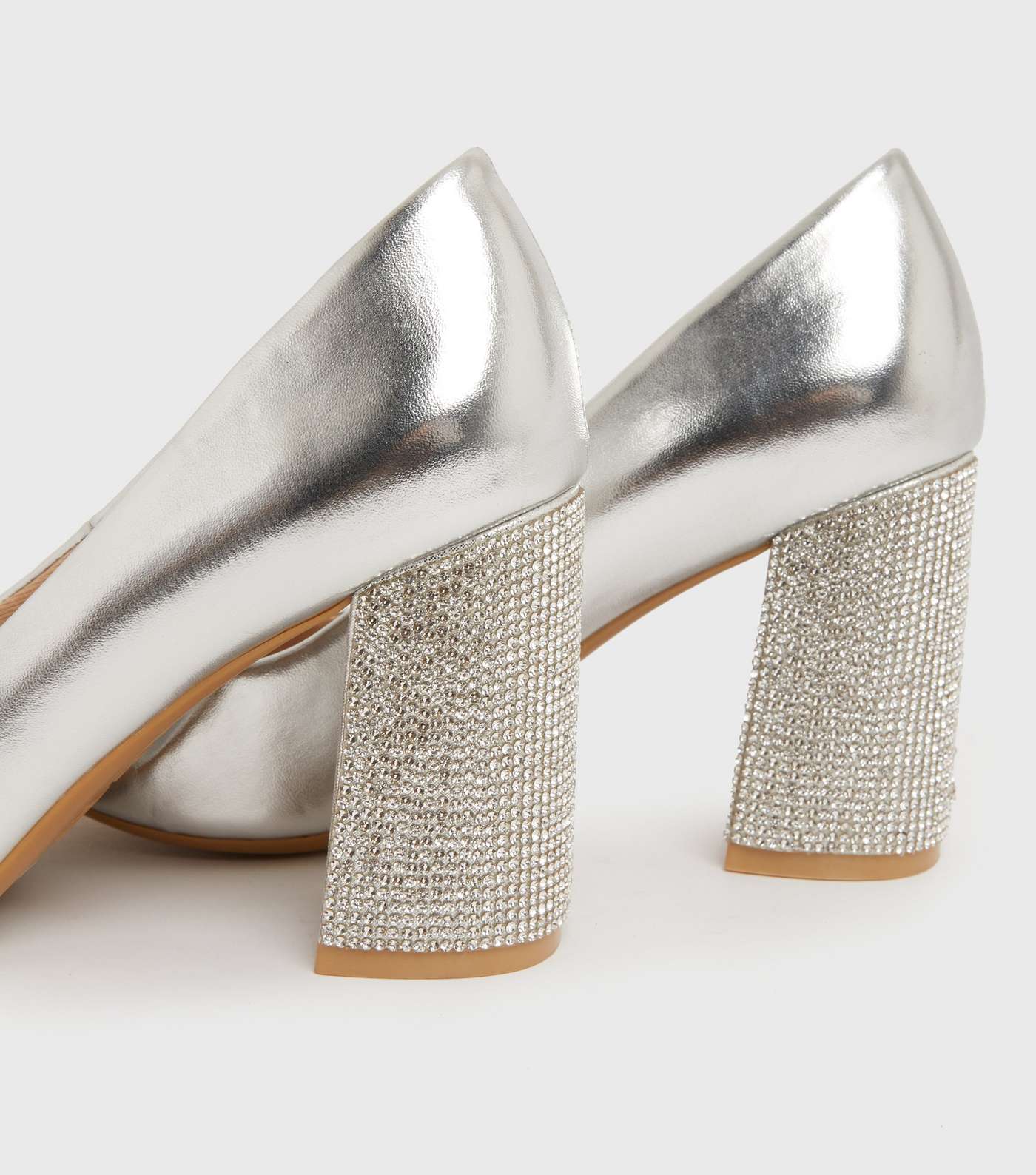 Wide Fit Silver Diamanté Block Heel Court Shoes Image 4