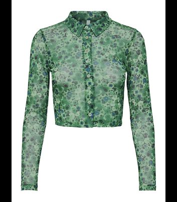 Only Light Green Floral Mesh Crop Shirt New Look