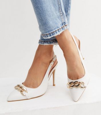 Wide Fit White Chain Stiletto Heel Slingback Court Shoes | New Look