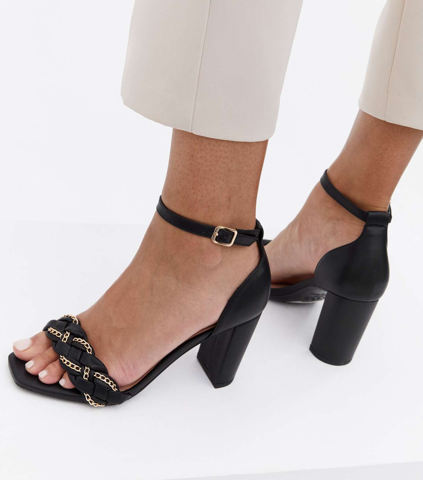 Black Plaited Chain Strap Block Heel Sandals Image 2