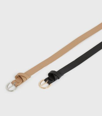2 Pack Black and Tan Skinny Cross Keeper Belts New Look