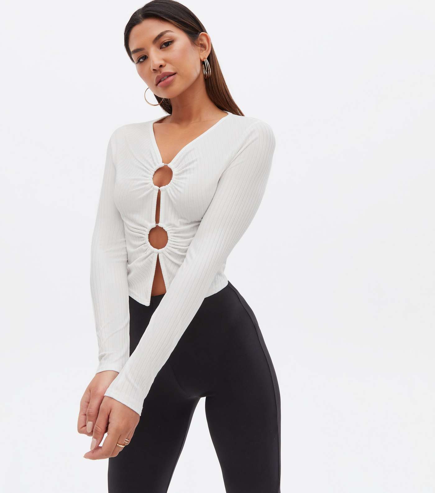 Off White Ribbed Cut Out Long Sleeve Top