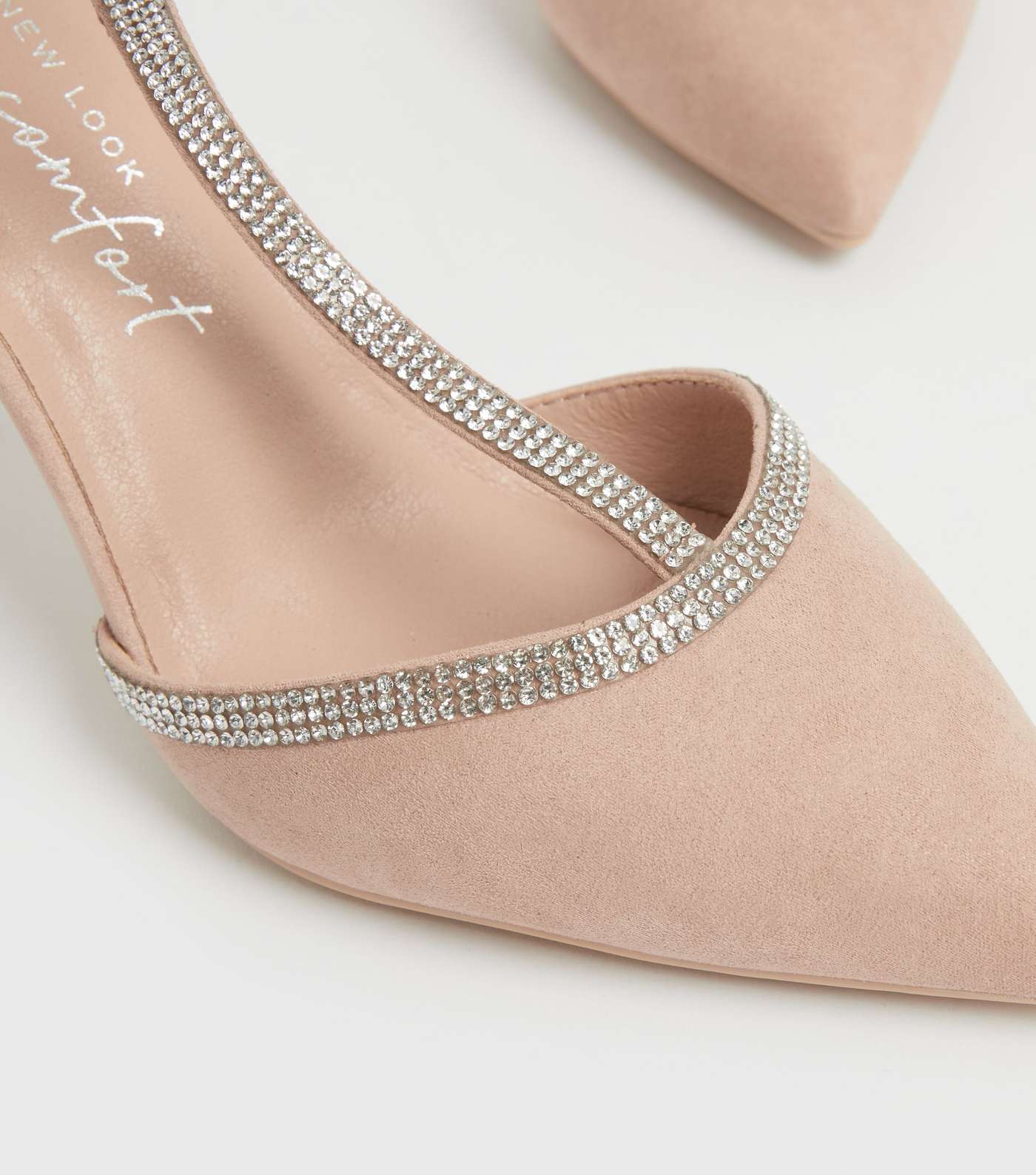 Pale Pink Suedette Diamanté Stiletto Heel Court Shoes Image 4