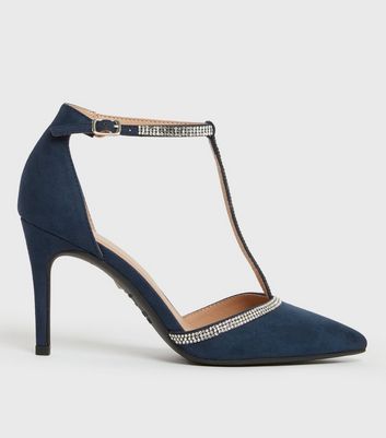 Navy Suedette Diamante Stiletto Heel Court Shoes New Look