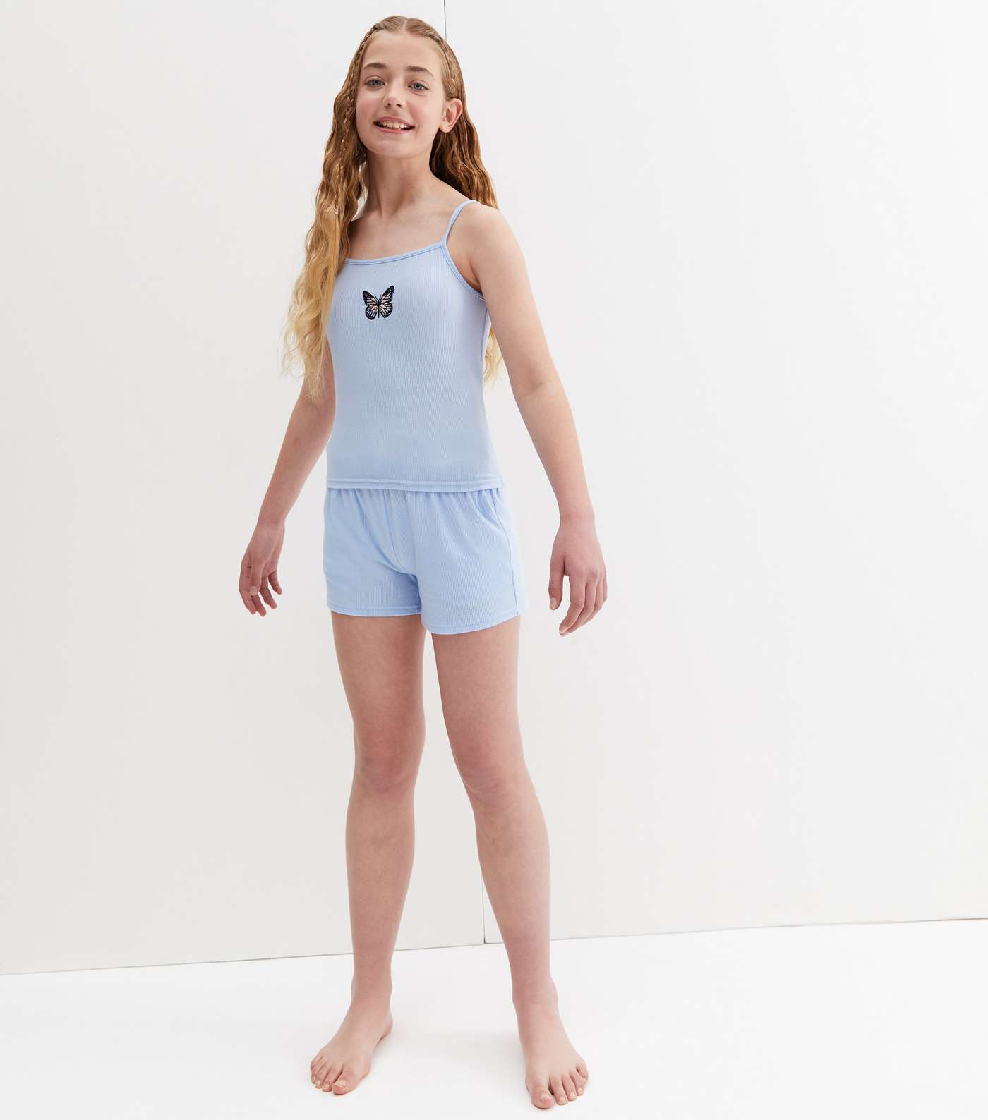 Girls Pale Blue Short Pyjama Set with Butterfly Embroidery Image 2