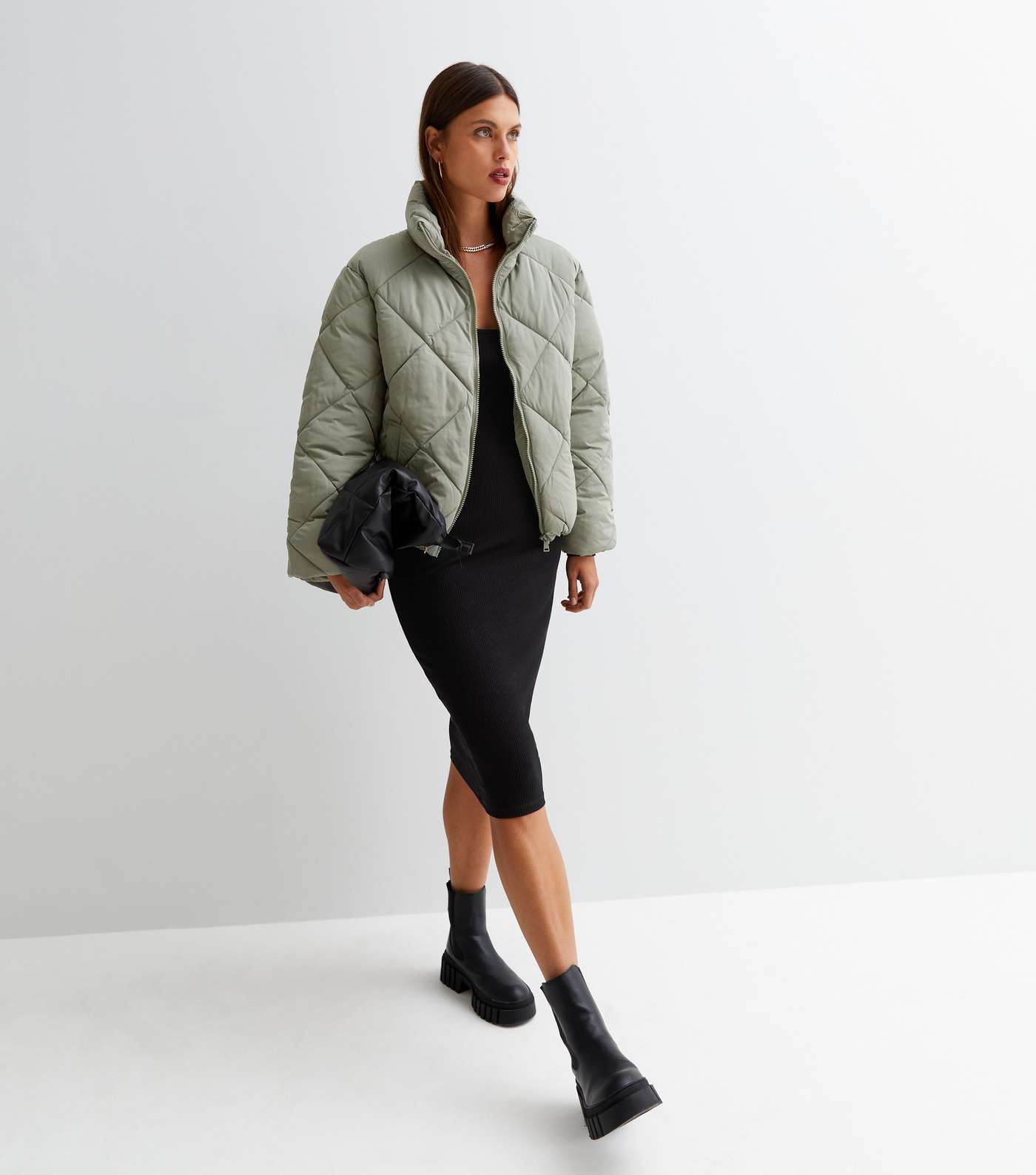 Olive Quilted High Neck Puffer Jacket