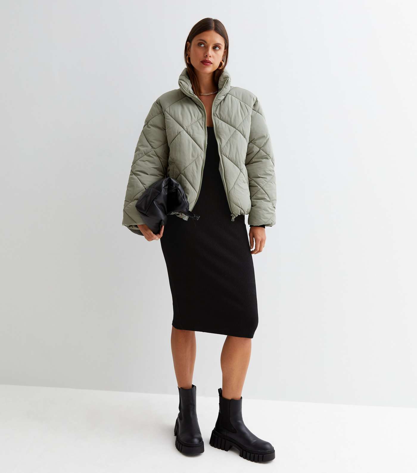 Olive Quilted High Neck Puffer Jacket Image 3
