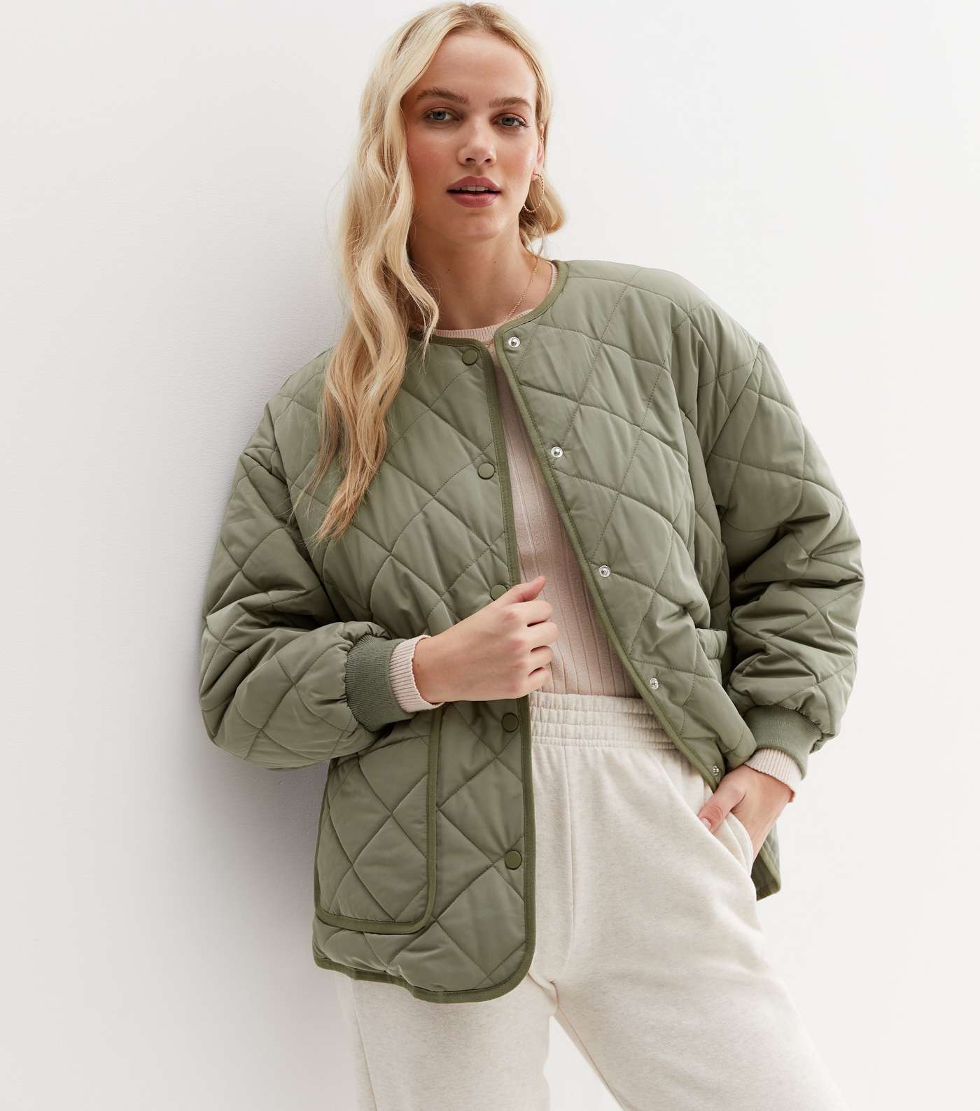 Khaki Quilted Collarless Jacket