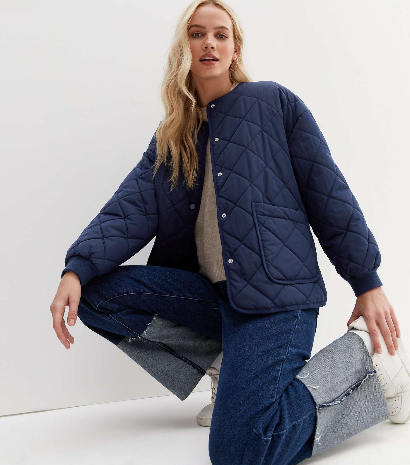 Navy Quilted Collarless Jacket Image 2