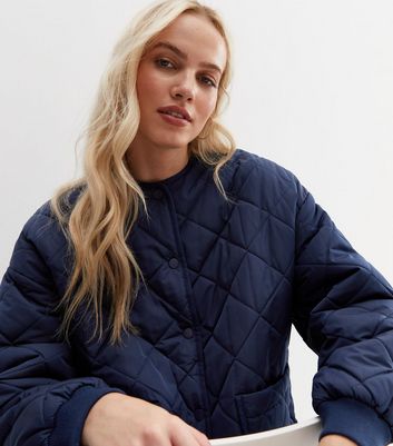 Navy Quilted Collarless Jacket