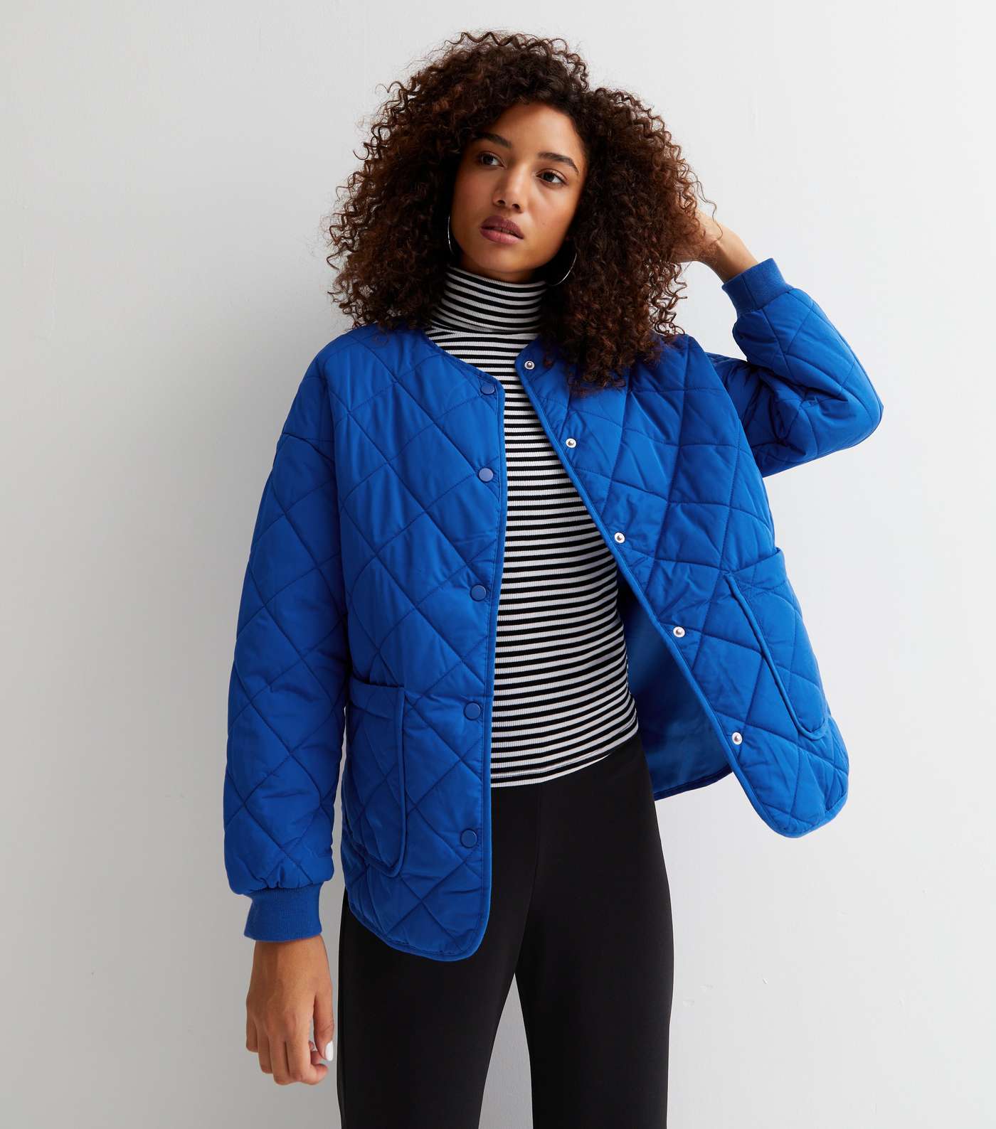 Bright Blue Quilted Collarless Jacket