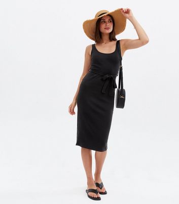 Black Ribbed Belted Midi Dress | New Look