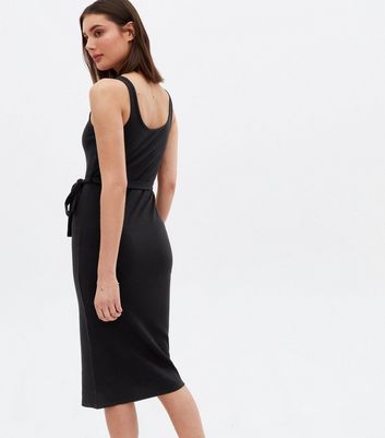 Black Ribbed Belted Midi Dress | New Look