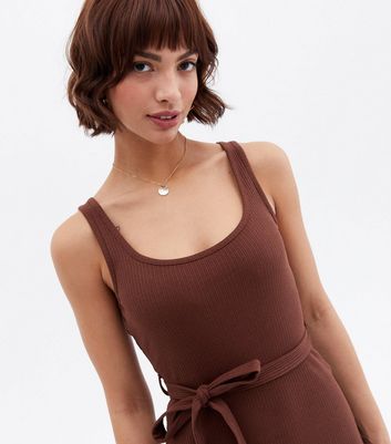 Damen Bekleidung Dark Brown Ribbed Belted Midi Dress