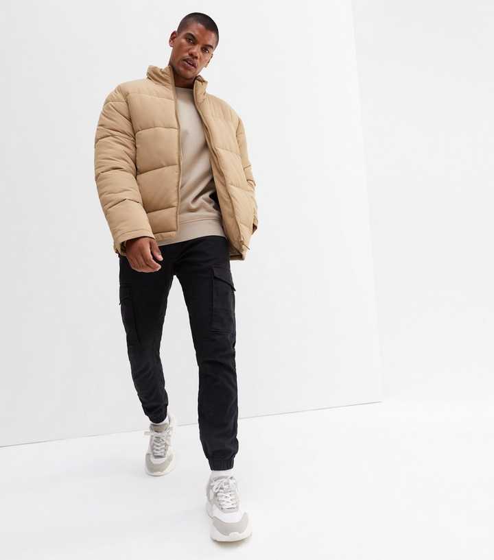 ASOS DESIGN puffer jacket with high neck in stone