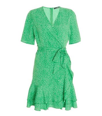 Quiz Green Spot Skater Wrap Dress New Look