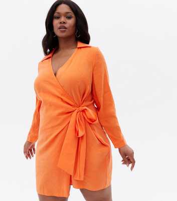 Curves Bright Orange Collared Mini Wrap Dress