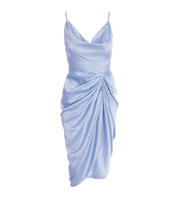 Click to view product details and reviews for Quiz Pale Blue Satin Ruched Chain Strap Midi Dress New Look.