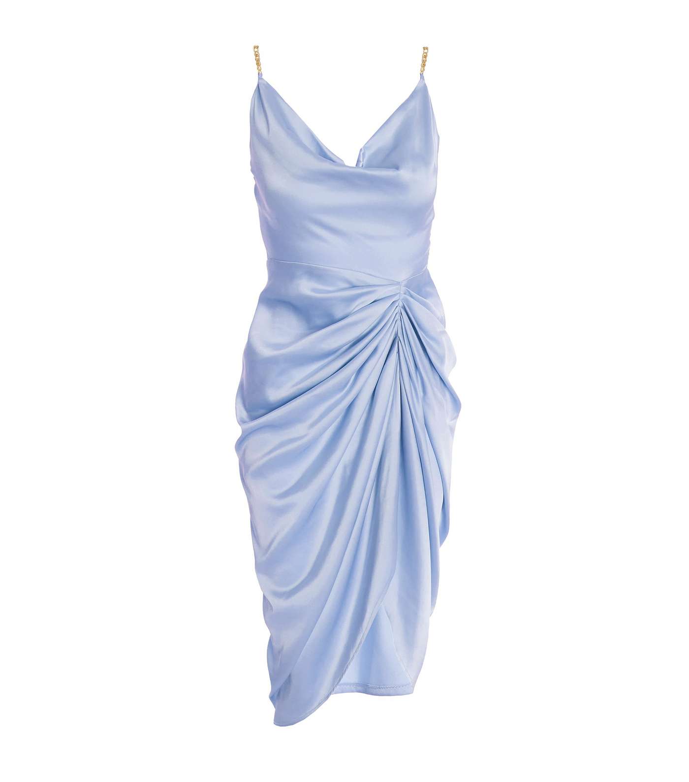 QUIZ Pale Blue Satin Ruched Chain Strap Midi Dress Image 4