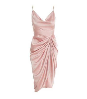 Click to view product details and reviews for Quiz Pink Satin Ruched Chain Strap Midi Dress New Look.