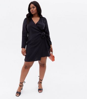 Curves Black Collared Mini Wrap Dress New Look