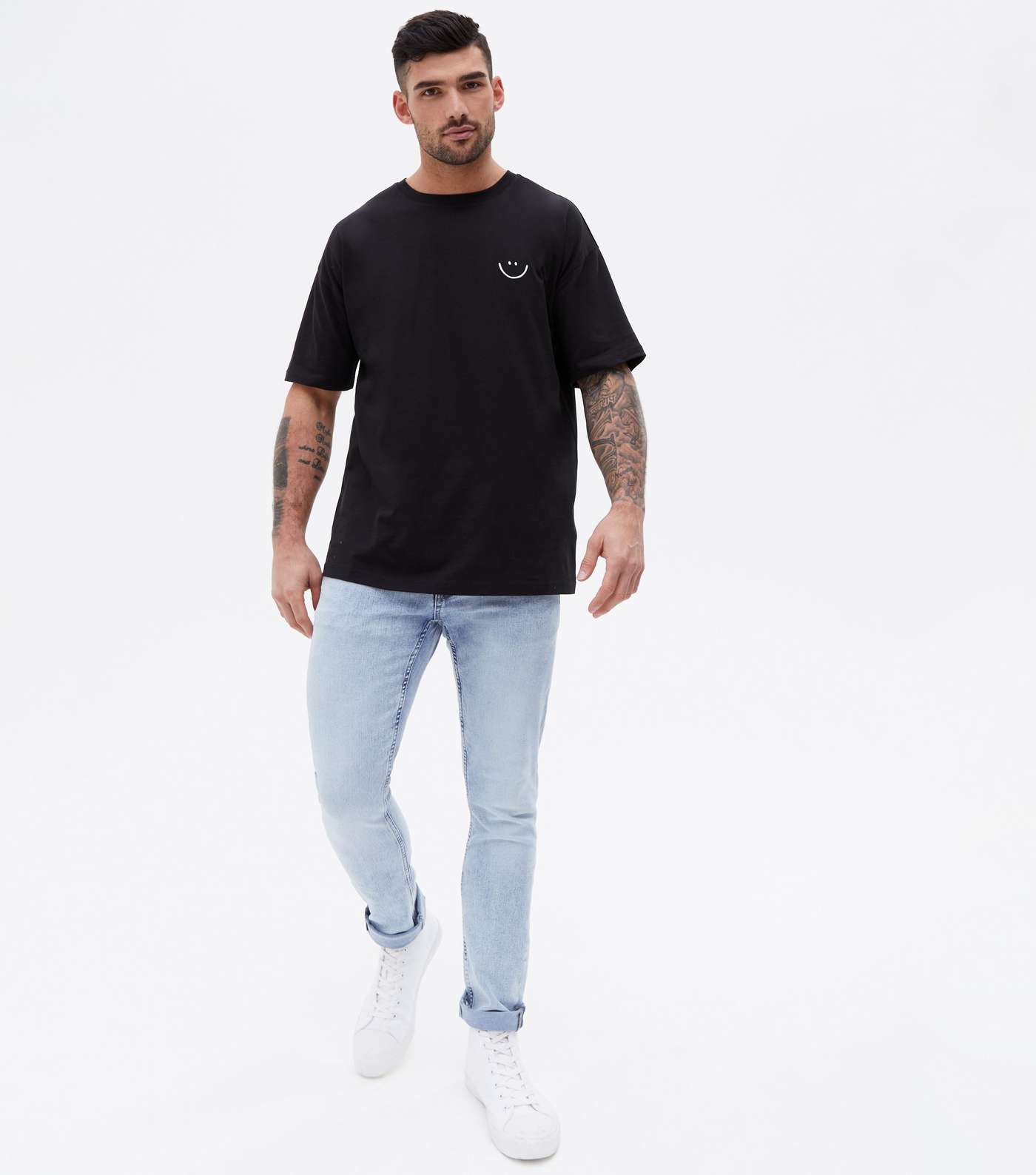 Black Embroidered Happy Face Oversized T-Shirt Image 2