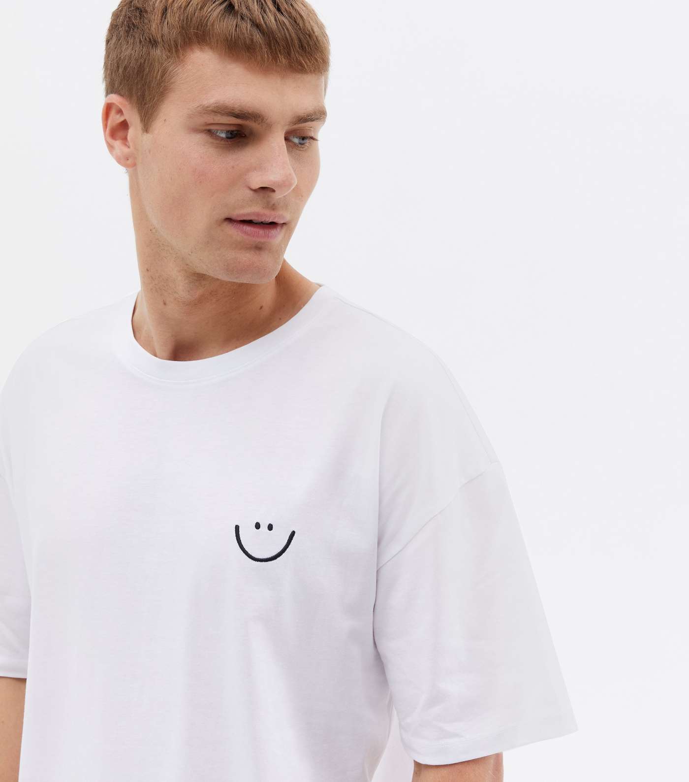 White Embroidered Happy Face Oversized T-Shirt