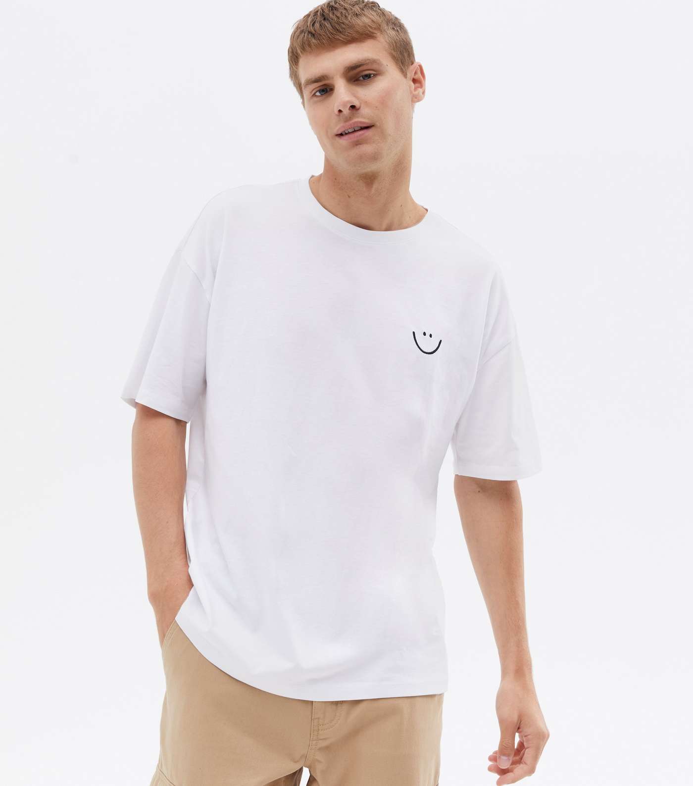 White Embroidered Happy Face Oversized T-Shirt Image 3