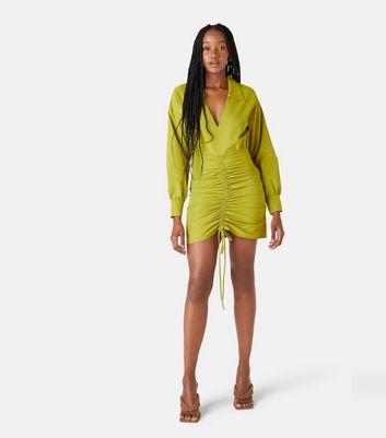 Urban Bliss Green Ruched Mini Shirt Dress New Look