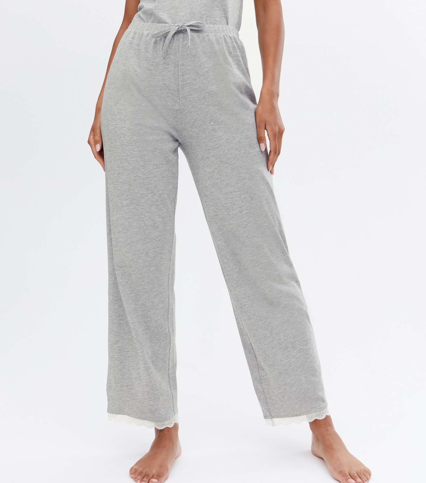 Grey Trouser Pyjama Set with Scallop Lace Trim Image 3