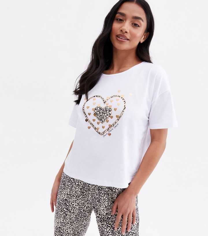 Bakken Industrialiseren boiler Petite White Heart Leopard Print Metallic T-Shirt and Jogger Pyjama Set |  New Look