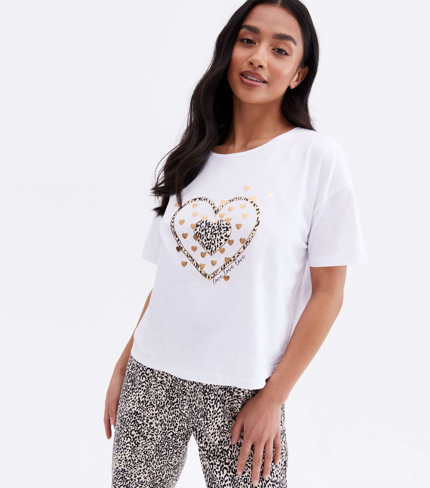 Petite White Heart Leopard Print Metallic T-Shirt and Jogger Pyjama Set Image 2