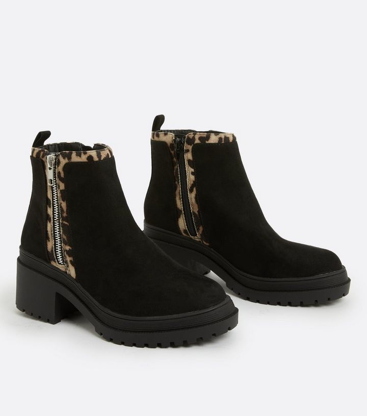 Wide Fit Black Suedette Animal Print Trim Chunky Ankle Boots | New Look