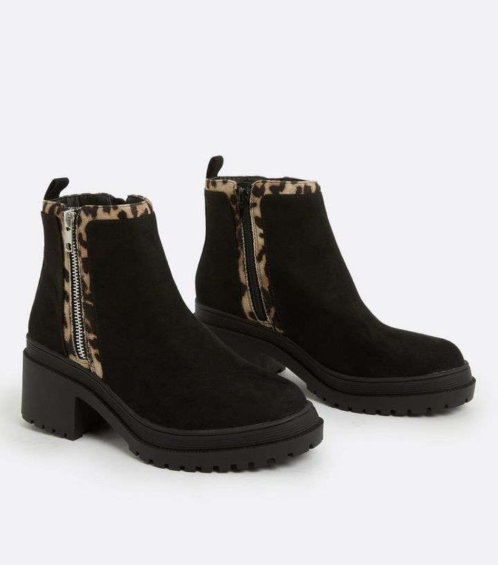 Wide Fit Black Suedette Animal Print Trim Chunky Ankle Boots | New Look Wide Fit Black Suedette Animal Print Trim Chunky Ankle Boots | New Look