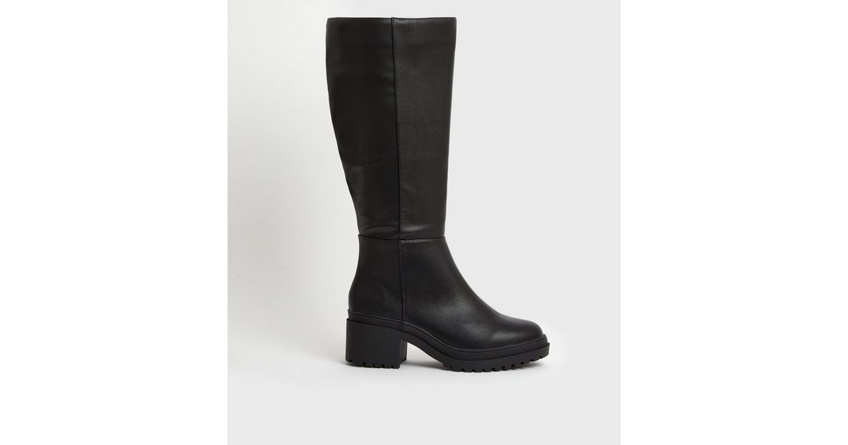 Wide Fit Black Chunky Block Heel Knee High Boots | New Look