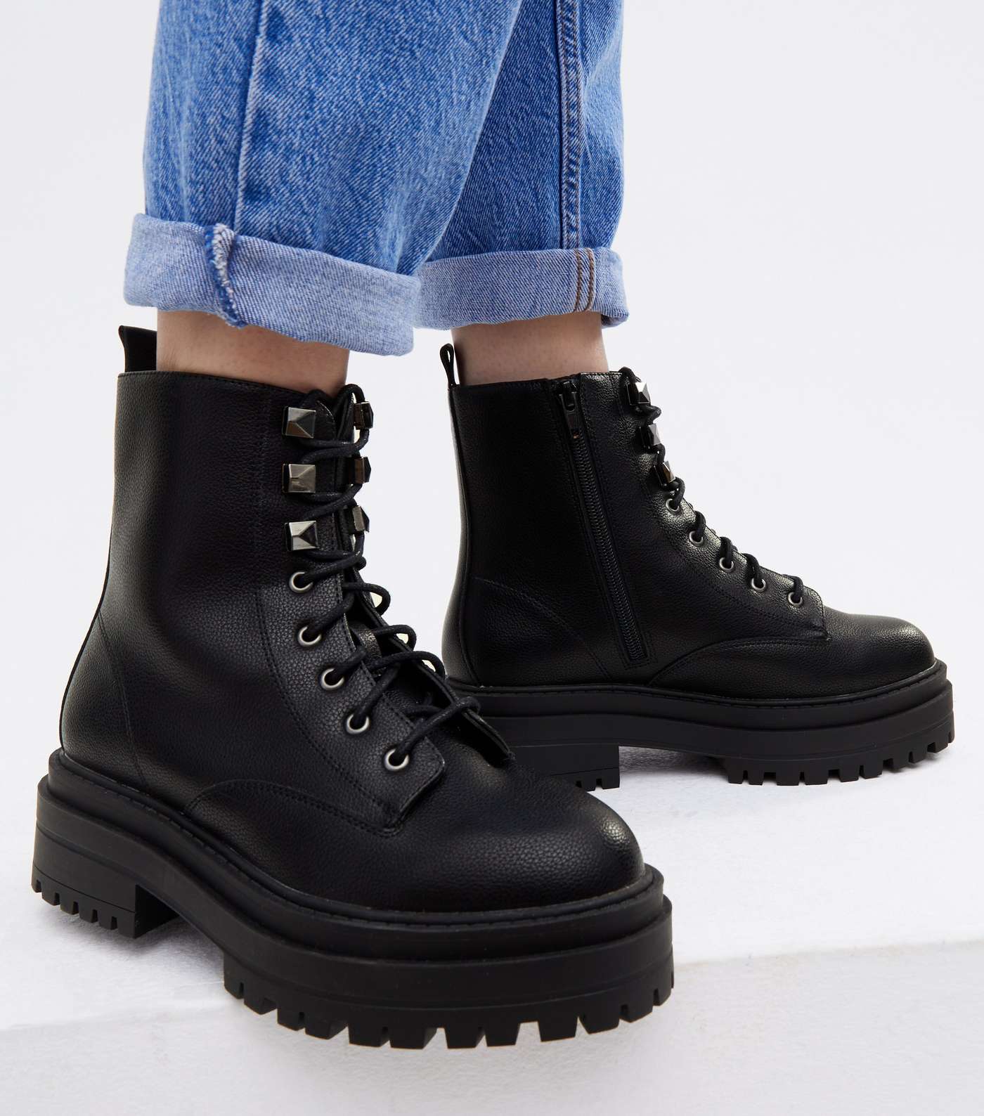 Wide Fit Black Lace Up Chunky Boots Image 2
