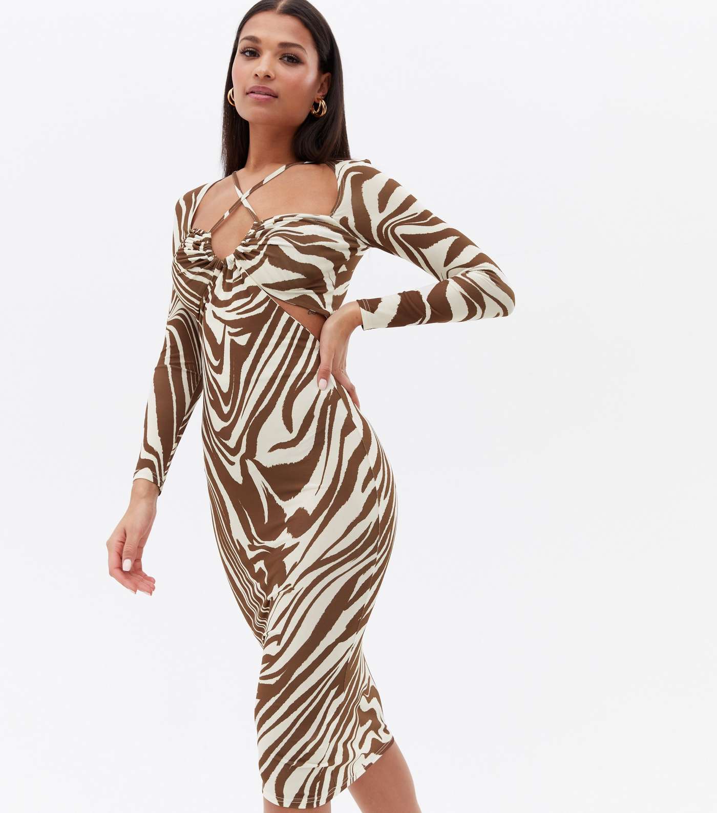 Brown Zebra Print Cross Strap Midi Bodycon Dress